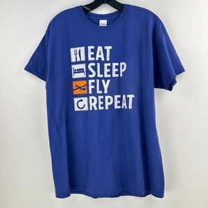 Eat Sleep Fly Repeat Gildan Tshirt Men Large Blue White Short Sleeve Graphic Tee